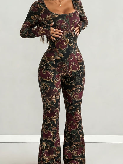 Women'S Jumpsuit Set | Casual Fashionable Sexy, Loose U-Neck Cut, Slim Fit, Burgundy Rose Print, Long Sleeve Flared Leg, Versatile Use, Suitable for Multiple Occasions & Seasons, Ideal for Outdoor