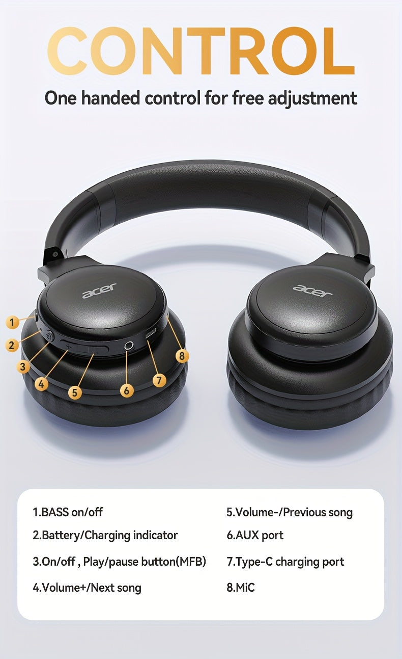 [Hi-Fi Acer Headphones] Acer OHR559 Over-Ear Headphones | Hi-Fi Heavy Bass, 60h Ultra-Long Battery Life, Wireless & Wired Dual Mode, Low-Latency Gaming, Extra-Large Diaphragm, Comfortable Fit