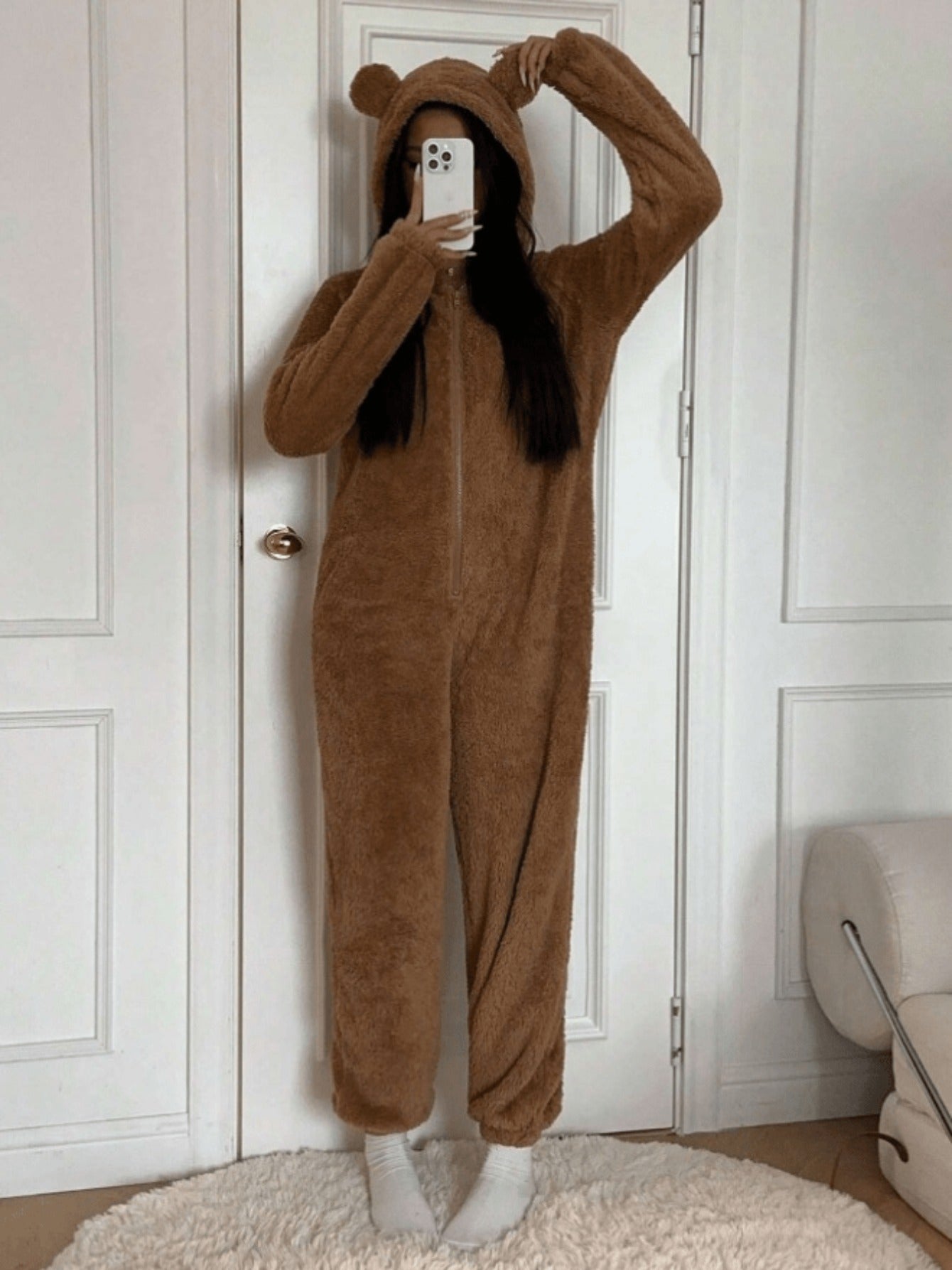 Thickened And Fleece-Lined Onesie for Autumn And Winter, Featuring a Cute Leopard Print with a Hood And Ears, Perfect for Cozy Home Wear