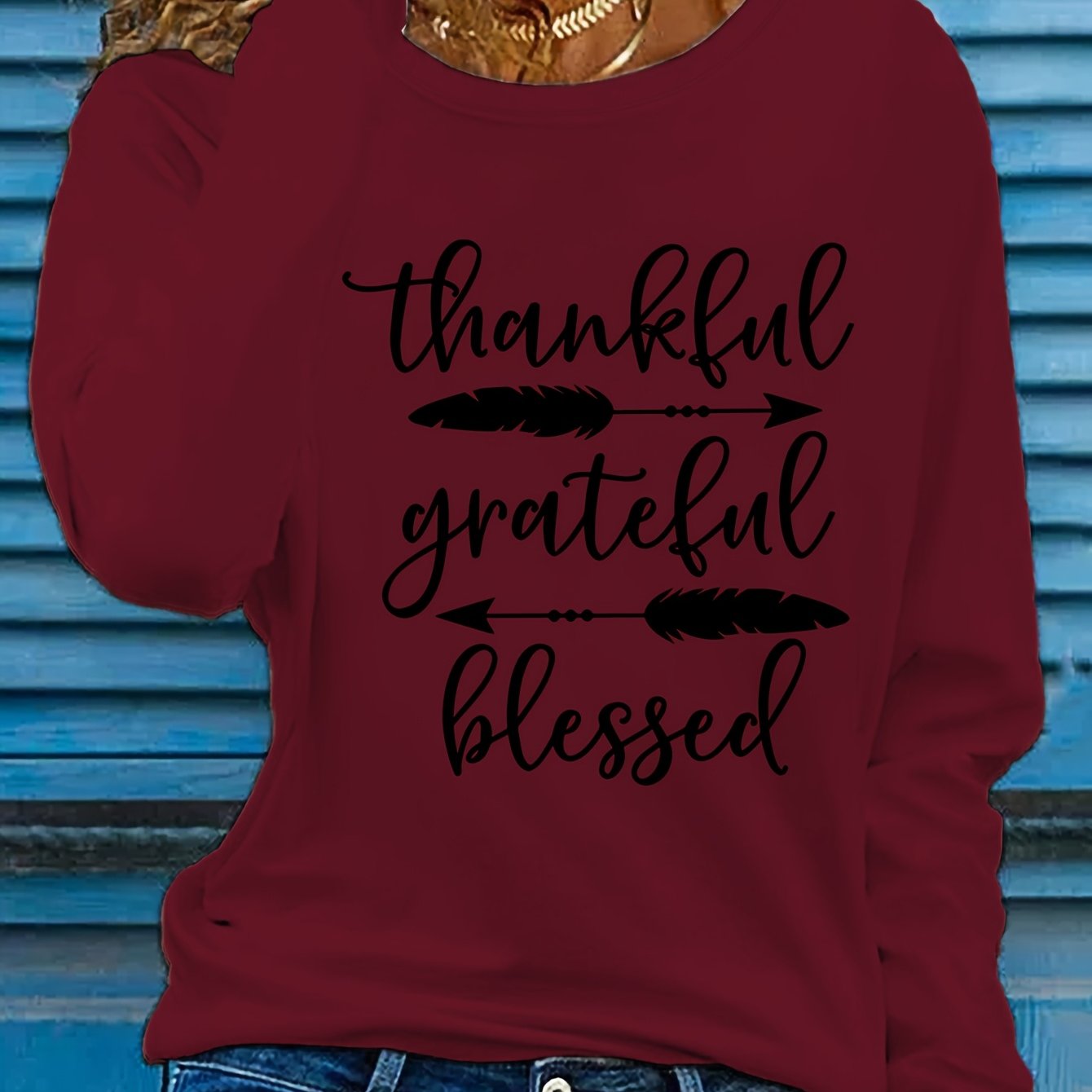 Women's Beige Thankful Grateful Blessed Print Long Sleeve T-Shirt - Loose Fit Round Neck Casual Top with Cursive Lettering & Accent, Soft Comfortable Fabric for Fall Winter Casual Attire, Thanksgiving Christian Apparel, Sprin