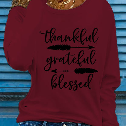 Women's Beige Thankful Grateful Blessed Print Long Sleeve T-Shirt - Loose Fit Round Neck Casual Top with Cursive Lettering & Accent, Soft Comfortable Fabric for Fall Winter Casual Attire, Thanksgiving Christian Apparel, Sprin