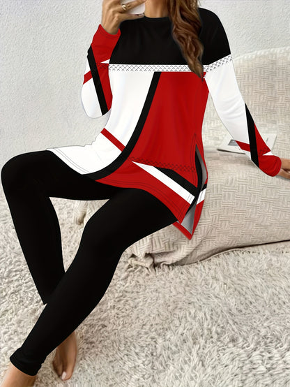 Women's Casual Two-Piece Set - Color Block Print Long Sleeve T-Shirt & Slim-Fit Pants with Slit Detail Round Neck Top, Black/White/Red Contrast Outfit, All-Season Comfort Fit for Spring/Autumn, Casual to Semi-Formal Wear, Eas