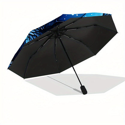 Automatic Open/Close Umbrella with One-Touch Button - Compact Folding Umbrella, Windproof 8-Rib Shaft, Auto Open Close, Portable for Travel, Commute, Everyday - Elegant Blue Dragon Design in Deep Blue & Golden Accents - All-S