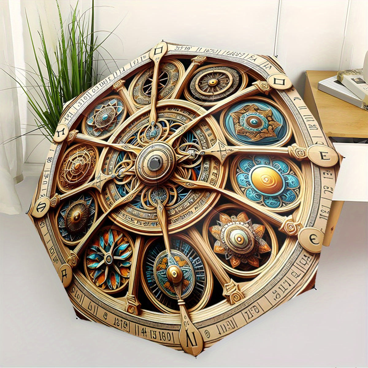 Steampunk Mechanical Clockwork Umbrella with Gears, Dials & Compass - Automatic Opening/ Closing, 8-Rib Compact Travel Umbrella with Chronos/Helios/Astra Dial - All-Season Accessory for Men & Women, Ideal Gift for Steampunk F