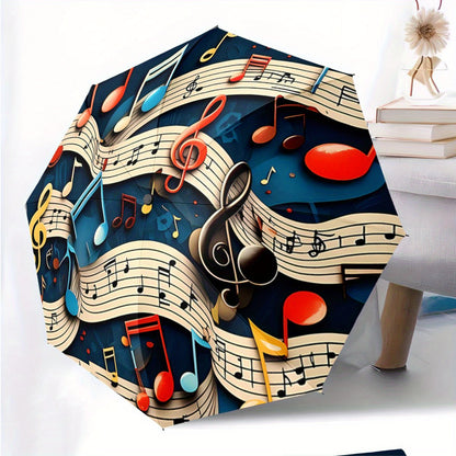 Automatic Folding Umbrella with Vibrant Musical Notes & Staff Lines Design - Portable Collapsible 8-Rib Umbrella for All Seasons, Casual Outdoor Accessory, Perfect Gift for Christmas, Birthdays & Festivals, Festive Accessory,