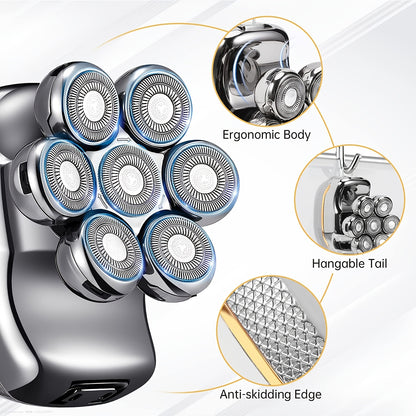Men's Electronic Head Shaver Razor - Rechargeable Cordless Hair Shaving Razors For Bald Man 6 In 1 Wet Dry Beard Trimmer Body Hair Cutting Clipper Grooming Kit 7 Rotary Heads