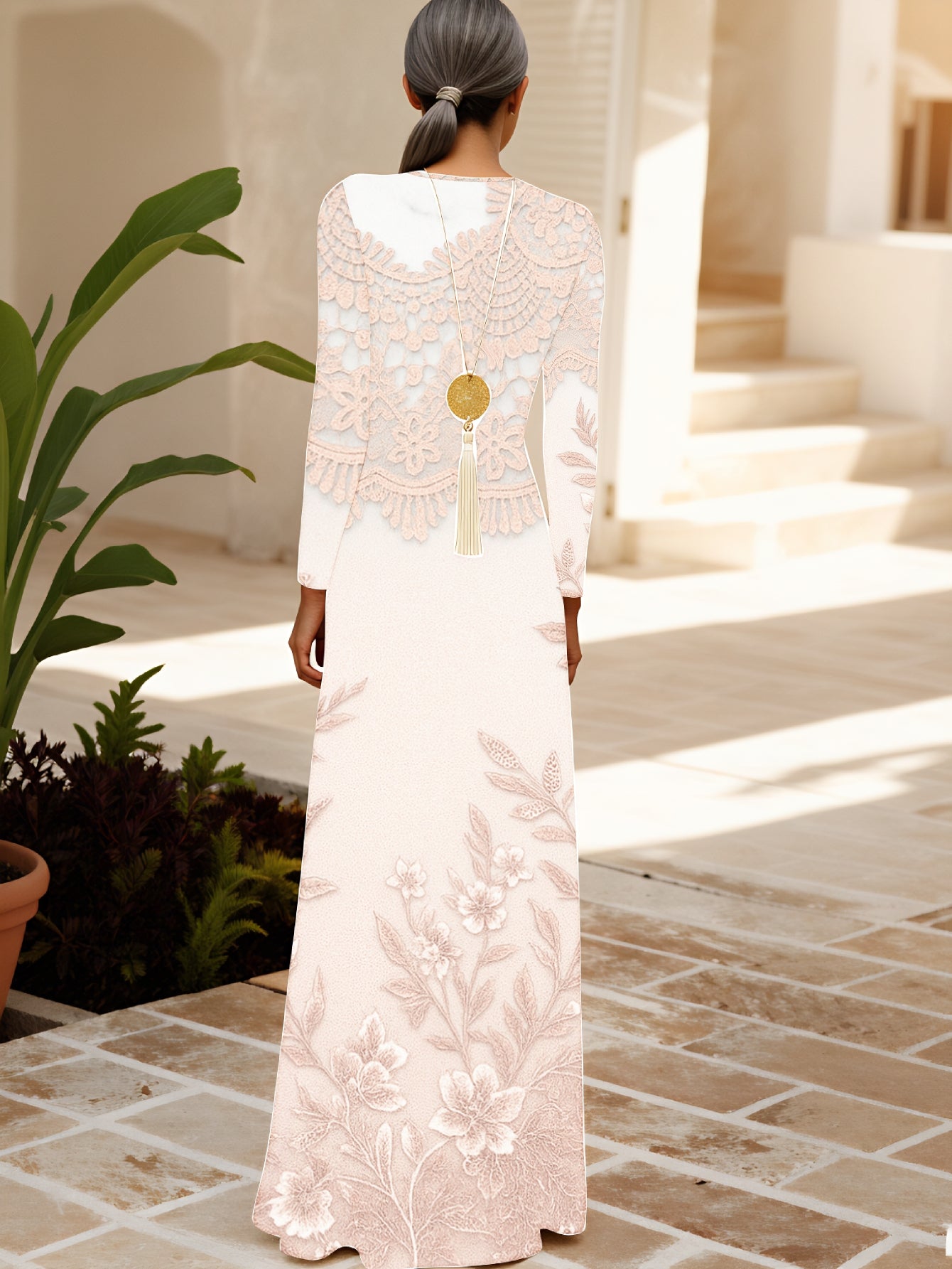 Plus Size, Elegant Long Sleeve Robe Maxi Dress - Beige Lace & Floral Embroidery Wedding Dress, Round Neck Formal Gown for Bridal, Autumn/Winter Ceremonies, Machine Washable