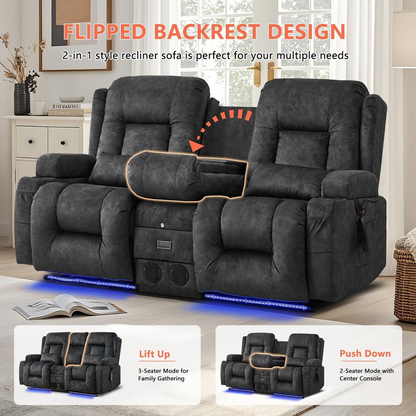Power Loveseat Recliner Sofa, Home Theater Seating RV Couch with Massage and Heat, Flipped Backrest Console, LED Light, USB Outlets, Velvet
