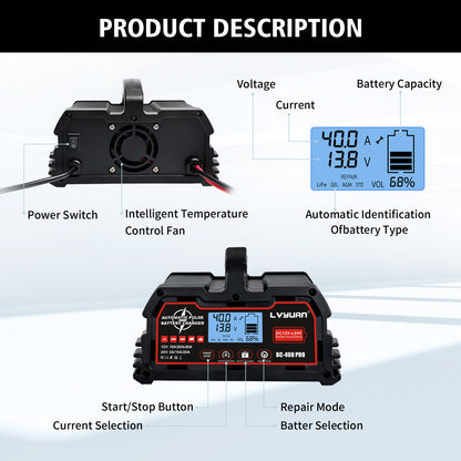 Lifepo4 Battery Charger, 40 Amp Car Battery Charger, Fully Automatic Car Battery Charger for Lead-Acid Batteries (12V/24V) and Lithium Iron Phosphate Batteries (12V), Smart Trickle Charger, AGM Deep Cycle Battery Charger, Sui