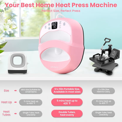 Upgraded 12"x10" / 7"x5" Portable T-Shirt Heat Press Machine, Mini Sublimation Printer with Transfer Paper for HTV Vinyl DIY Christmas Gift - Print on Shirts, Hats, Bags, Pillows, Aprons, Mousepads, Masks, Sneakers & Phone Ca