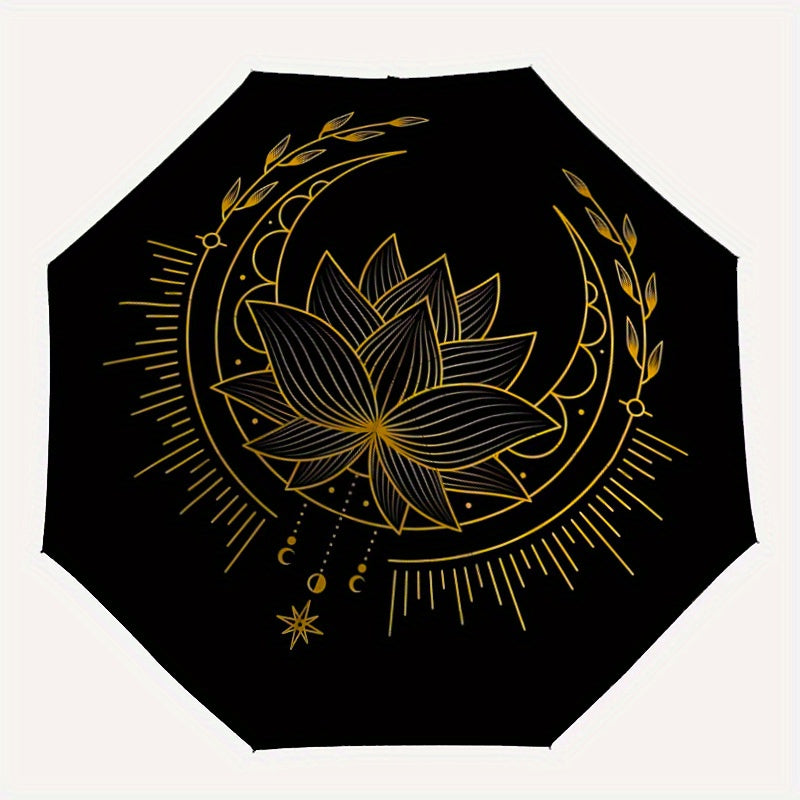 1pc Lotus Mandala Automatic Open/Close Folding Compact Umbrella - 8-Rib Sturdy Canopy, Lightweight Portable, Durable Plastic & Iron Construction, Elegant Black & Golden Design for Daily Commute, Travel, Outdoor Use - Fashiona