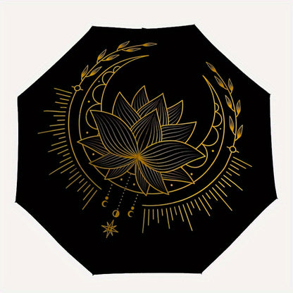 1pc Lotus Mandala Automatic Open/Close Folding Compact Umbrella - 8-Rib Sturdy Canopy, Lightweight Portable, Durable Plastic & Iron Construction, Elegant Black & Golden Design for Daily Commute, Travel, Outdoor Use - Fashiona