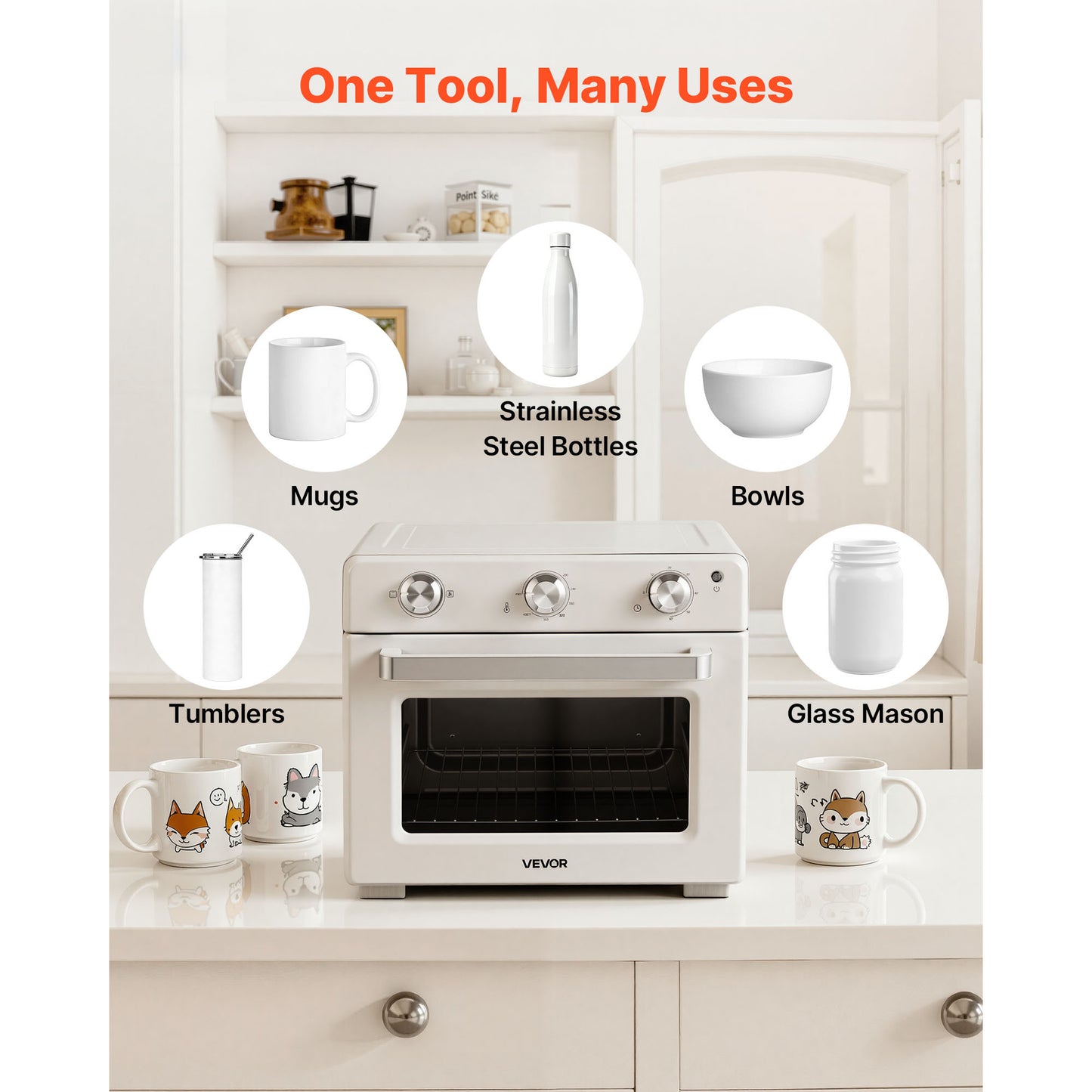VEVOR Sublimation Oven Machine, 26 Qt, Fits 40oz Tumblers, Standard model / With 1 Heat Air Gun model, 50 Shrink Films, 1 Tape and 2 Heat Gloves, 360° Turbo Convection for Sublimation Blank Tumblers, Mugs, Bowls, Off-White