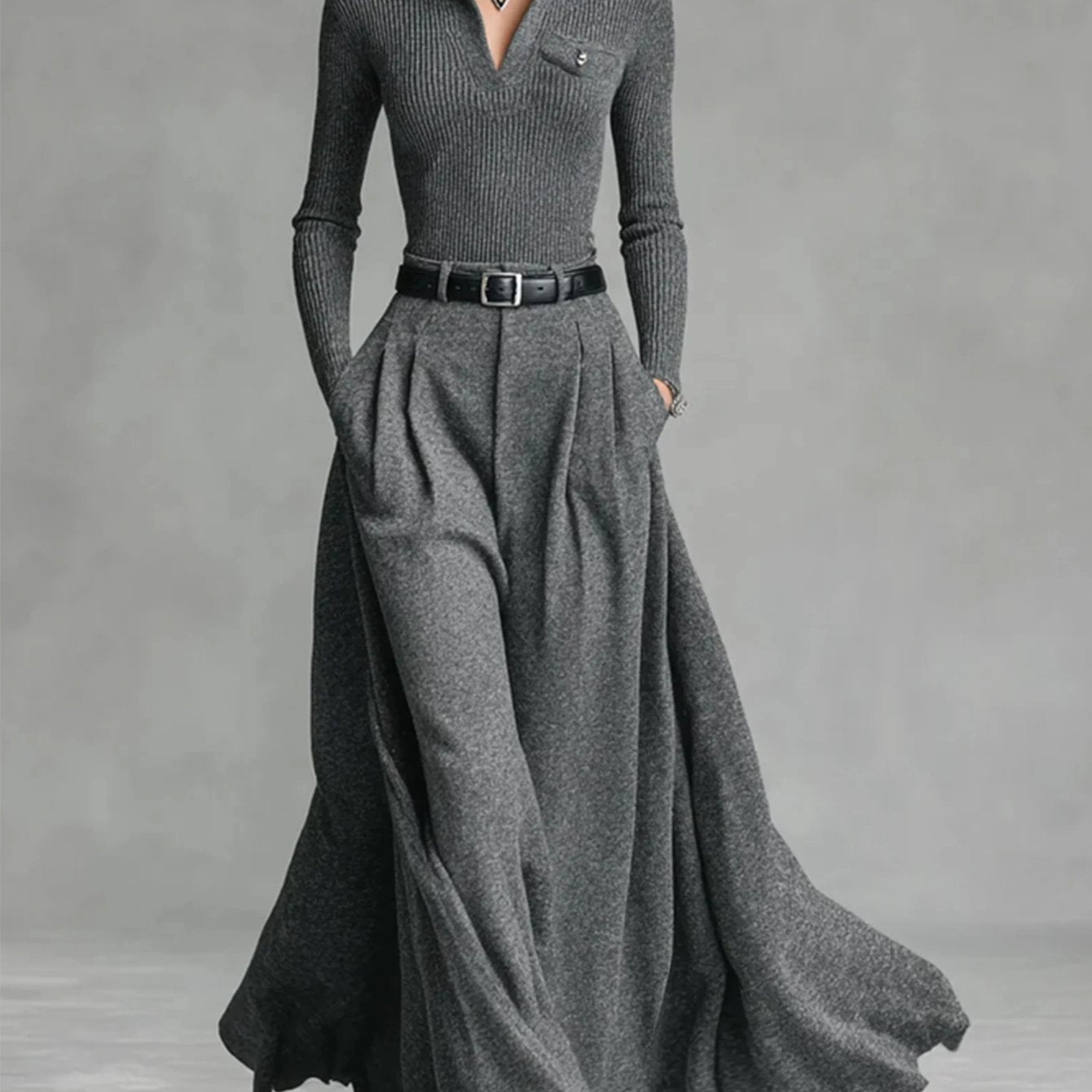 Women's - 2pcs Set: Gray Ribbed Top + Flowing Wide-Leg Skirt | Effortlessly chic pieces for city strolls, casual gatherings, and fall/winter outfits.