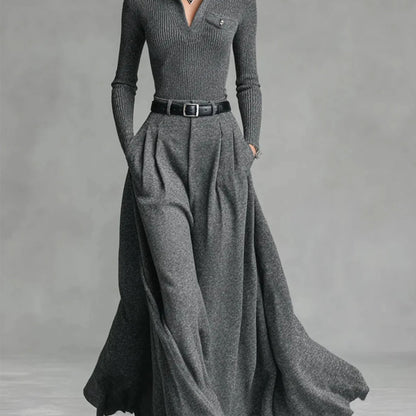 Women's - 2pcs Set: Gray Ribbed Top + Flowing Wide-Leg Skirt | Effortlessly chic pieces for city strolls, casual gatherings, and fall/winter outfits.