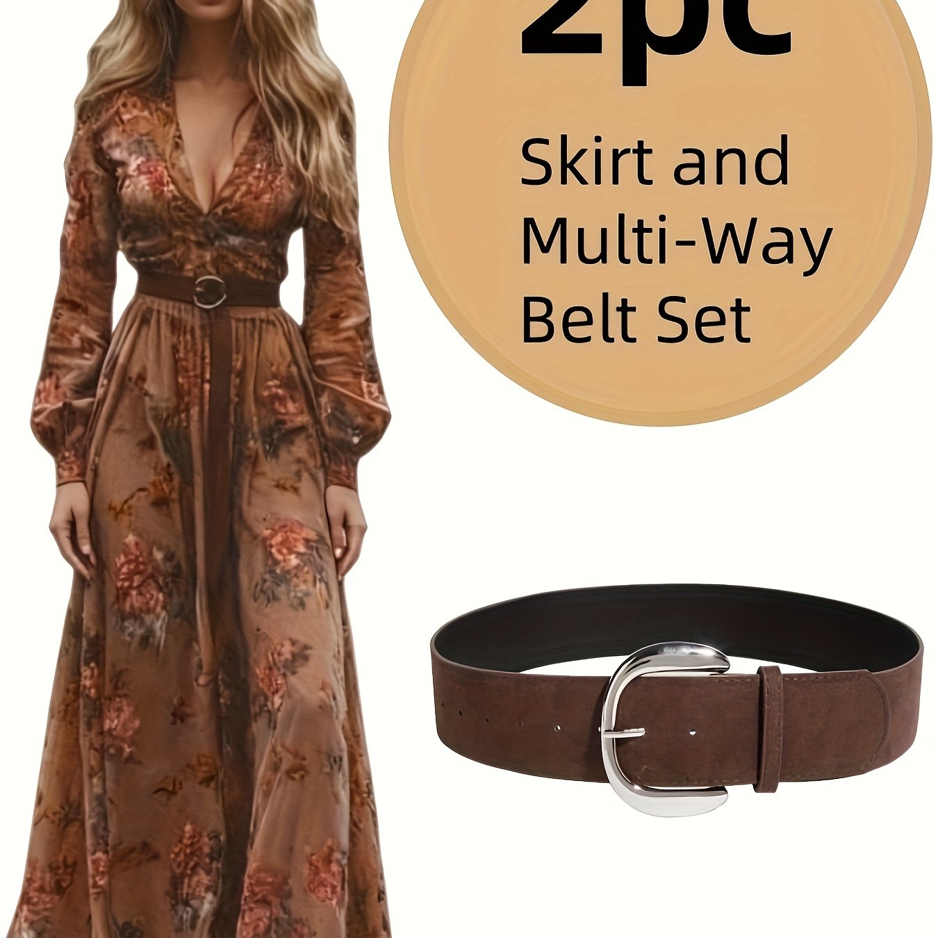 Maxi Dress for Women with a Tan Floral Design - Long Sleeve Bohemian Dress Featuring a Deep V-Neck.