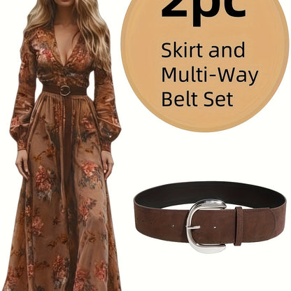 Maxi Dress for Women with a Tan Floral Design - Long Sleeve Bohemian Dress Featuring a Deep V-Neck.