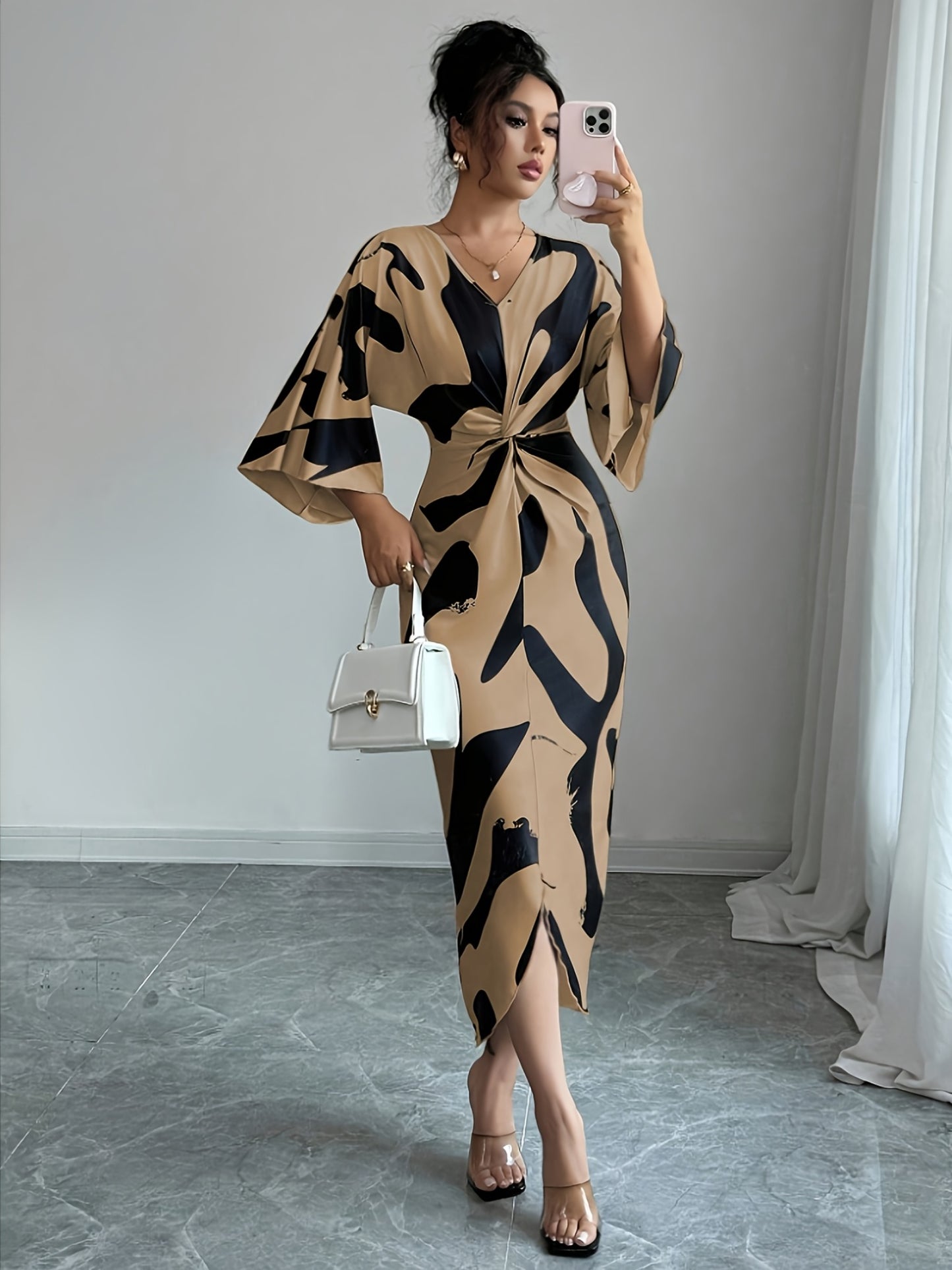This Elegant Midi Dress Features a Unique Apricot Base Color with a Milk Digital Print, High-Stretch Fabric, a V-Neck, And a Stylish Waist Twist Design. Its Irregular Hem Adds a Niche Touch, Making It Perfect for High-End Aut