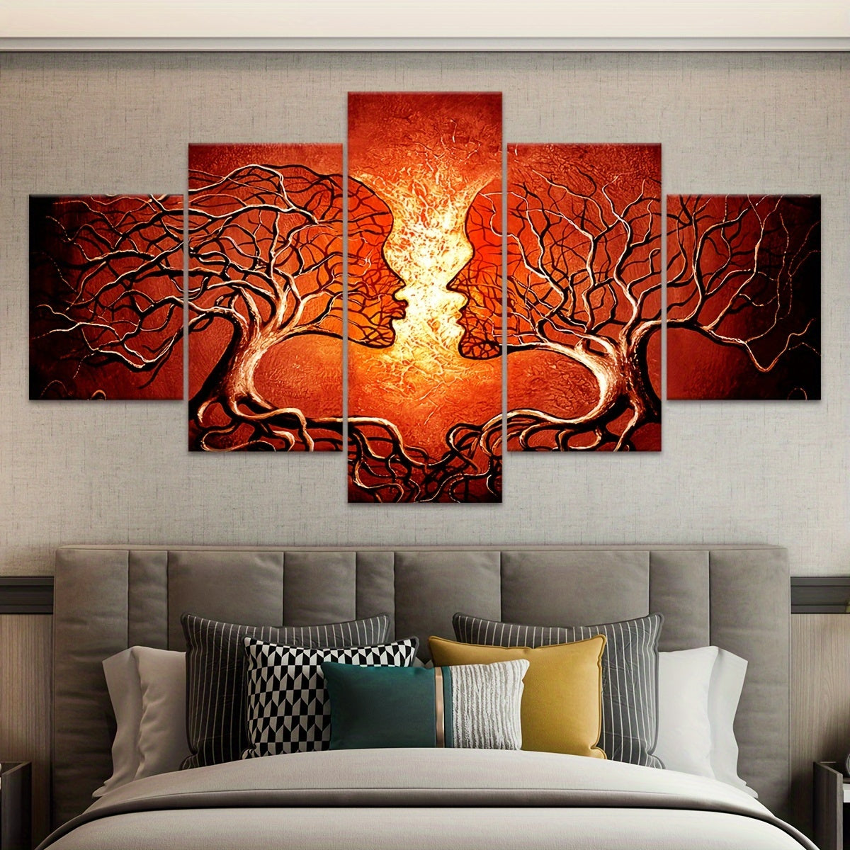 2D Flat, [2D FLAT] 5pcs Frame Artistic Tree Face Canvas Poster, Five Panel Scene Art, Modular Picture, Print Painting, Modern Art, Ideal Decor for Bedroom Living Room Kitchen Dorm, Wall Decoration, Gift for Family Friends, Mu