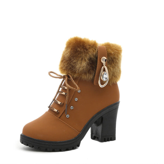 Women's Winter Snow Boots with Chunky Low Heel & Side Zipper - Ultra-High Short Ankle Boots, Toe for cold Weather, Sole - Slip-On/Lookdown Style (Solid Color) - Casual & Dress Boots for //Outdoors - Easy Care Non-Washable