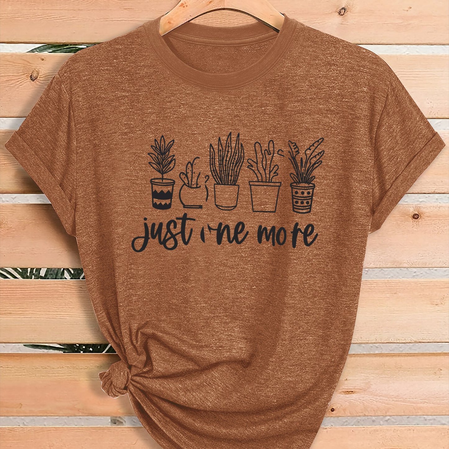 Women'S Green Plant Print T-Shirt with "Just One More" Slogan & Cactus/Succulent Design - Breathable Round Neck Casual Streetwear Top for Gym, Casual Attire, All-Season Comfort - Funny Botanical Graphic Tee for Plant Lovers,