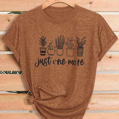 Women'S Green Plant Print T-Shirt with "Just One More" Slogan & Cactus/Succulent Design - Breathable Round Neck Casual Streetwear Top for Gym, Casual Attire, All-Season Comfort - Funny Botanical Graphic Tee for Plant Lovers,