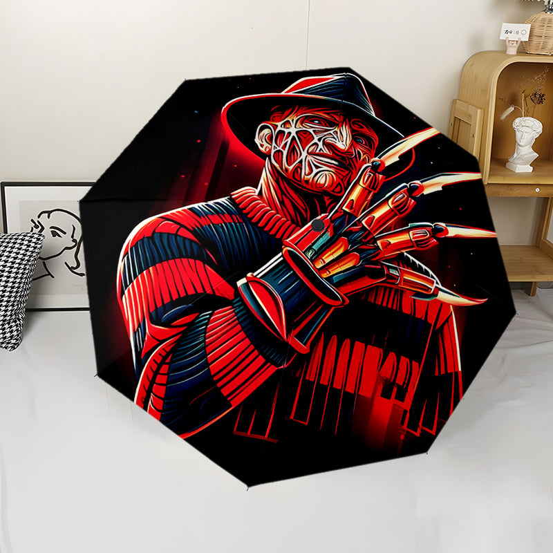 Horror Character 3 Theme Automatic Folding Umbrella 8-Rib Durable Design Windproof Portable Travel Umbrella - Vibrant Red & Black Artwork, Compact for Commuting, Gifts, Commuter Umbrella, Bold Visual Design, Sturdy Iron Ribs
