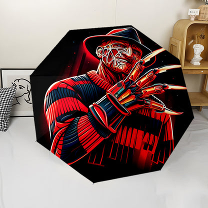 Horror Character 3 Theme Automatic Folding Umbrella 8-Rib Durable Design Windproof Portable Travel Umbrella - Vibrant Red & Black Artwork, Compact for Commuting, Gifts, Commuter Umbrella, Bold Visual Design, Sturdy Iron Ribs