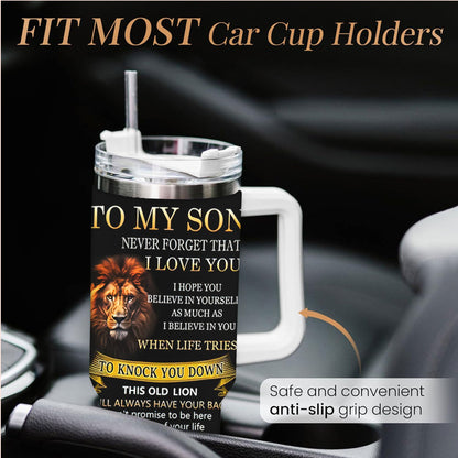40oz Insulated Travel Mug with Straw & Lid - "to My Son: Never Forget I Love You" Inspirational Lion Design Water Bottle - Leak-Proof Coffee Cup for Easter, Mother's Day, Father's Day Gifts - Durable 40oz Tumbler for Birthday