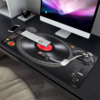 1pc XXL Large Vinyl Record Desk & Mouse Pad - Non-Slip DJ Turntable Design with Vinyl Grooves, Retro Music Studio Theme for Gaming/Office Computer, Compatible with PC/Laptop (Realistic DJ Setup Accessory)