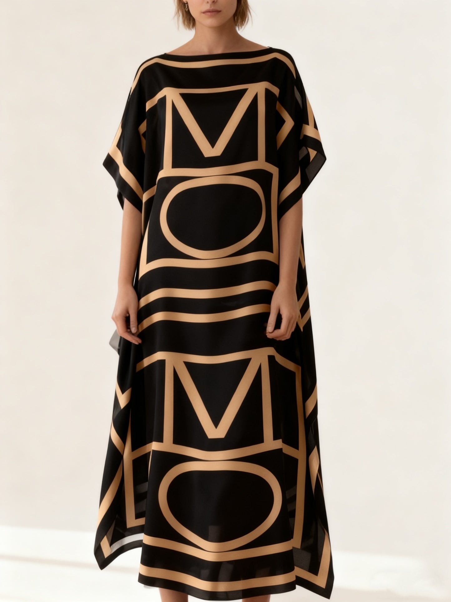 Plus Size - Elegant Black And Golden Geometric Letter Print Kaftan Dress - Comes with a Matching Headpiece | Ideal for Chic Everyday Outfits And Fashion Occasions