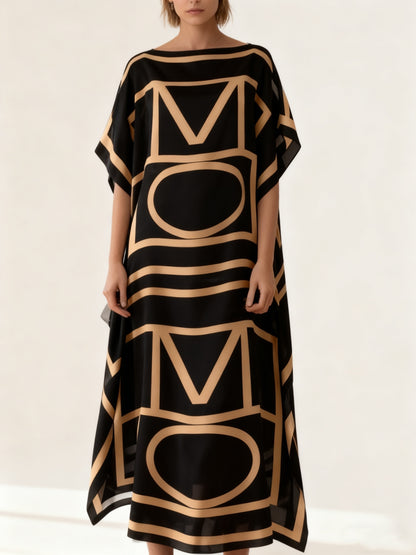 Plus Size - Elegant Black And Golden Geometric Letter Print Kaftan Dress - Comes with a Matching Headpiece | Ideal for Chic Everyday Outfits And Fashion Occasions
