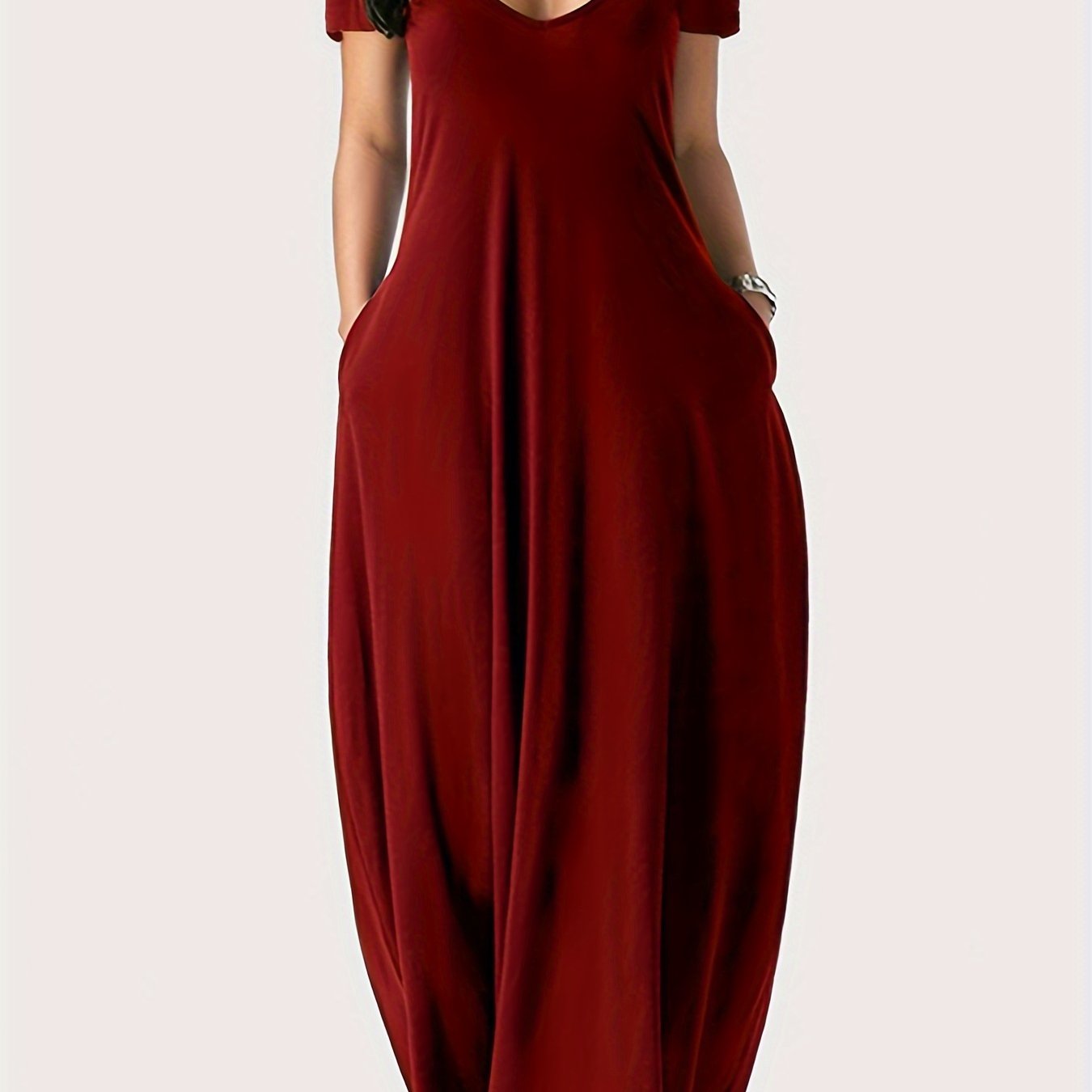 Solid Simple Dress, Casual Short Sleeve Maxi Dress With Pockets, Women's Clothing