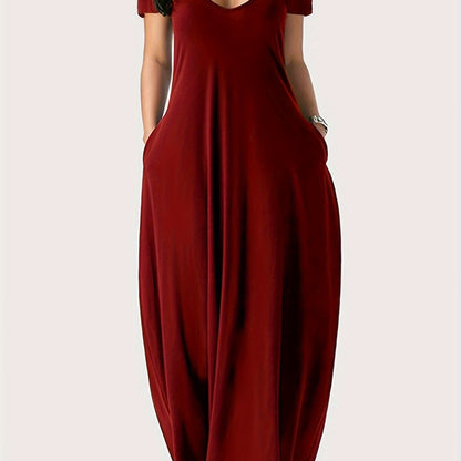 Solid Simple Dress, Casual Short Sleeve Maxi Dress With Pockets, Women's Clothing