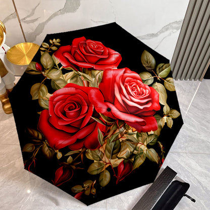 Automatic Open/Close Umbrella with One-Touch Button - Burgundy Rose & Black Automatic Folding/Unfolding Umbrella for Men & Women, 8-Rib Windproof Compact Travel Umbrella with Red/Golden/Green Floral Design, Portable for Commu