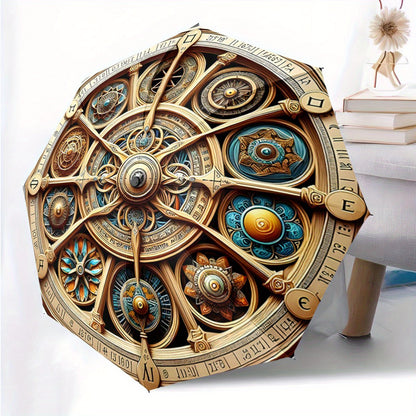 Steampunk Mechanical Clockwork Umbrella with Gears, Dials & Compass - Automatic Opening/ Closing, 8-Rib Compact Travel Umbrella with Chronos/Helios/Astra Dial - All-Season Accessory for Men & Women, Ideal Gift for Steampunk F