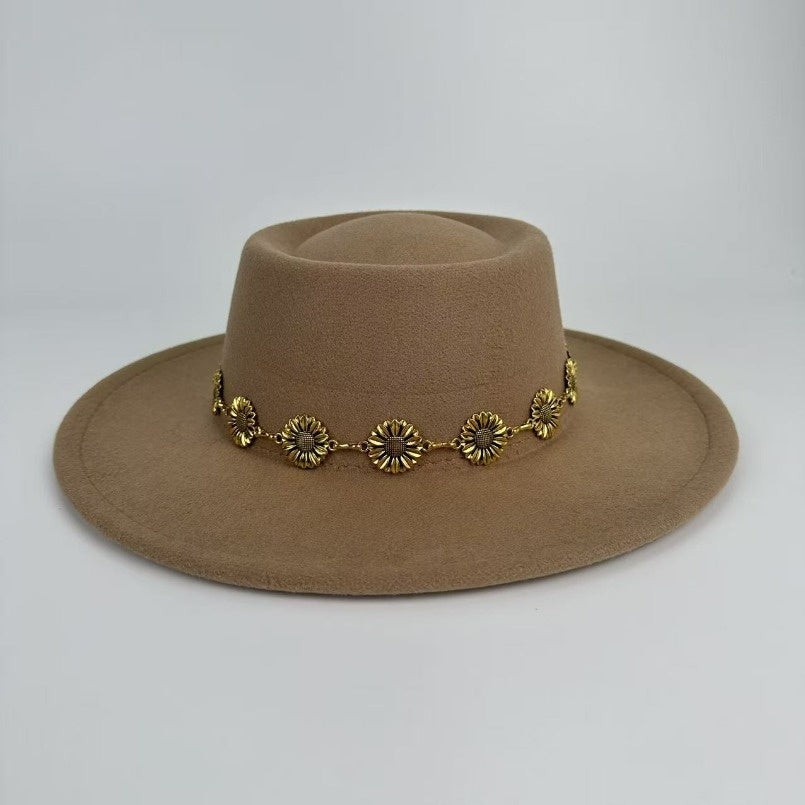 1pc Bohemian-style Unique and Fashionable Felt Hat - Decorated with Exquisite Golden Flower Chain Fedora Hat - Suitable for Daily Street Style, Music Festival Outfits, Bohemian-inspired Looks, Casual Outings and Trendy Season