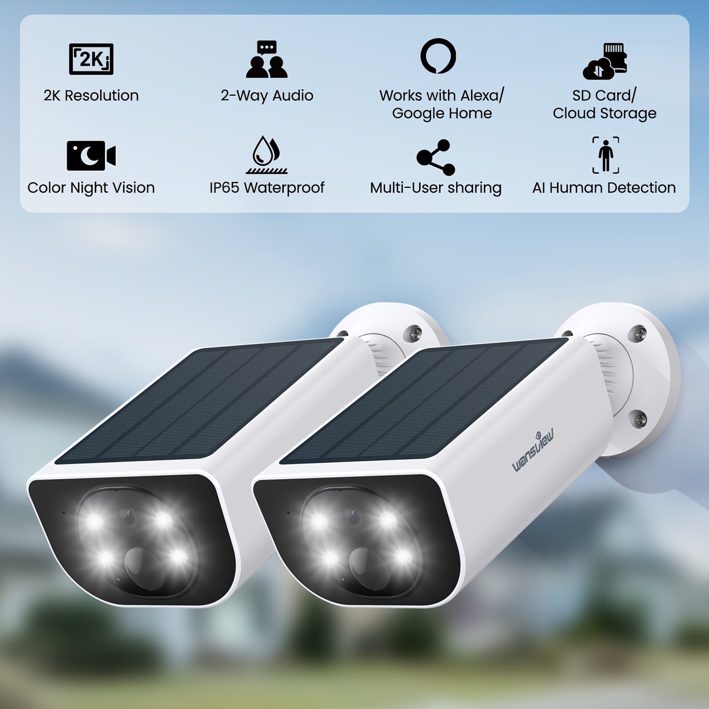 Wansview Solar Security Cameras Wireless Outdoor High Quality, Wireless Security Camera, 2K HD Resolution, Color Night Vision, Two-Way-Audio, Motion Detection, SD Card/Cloud Storage, Compatible with Alexa/Google Home