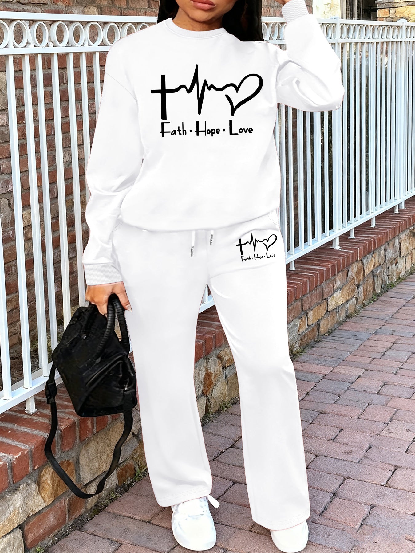 Women'S Casual Crew Neck Sweatshirt and Straight-Leg Pants Two-Piece Set with "Faith Hope Love" Print, Fleece-Lined, Drawstring Waist, All-Season, Comfortable Outfit For Casual Attire, Comfortable Clothing | Crew Neck Sweatsh