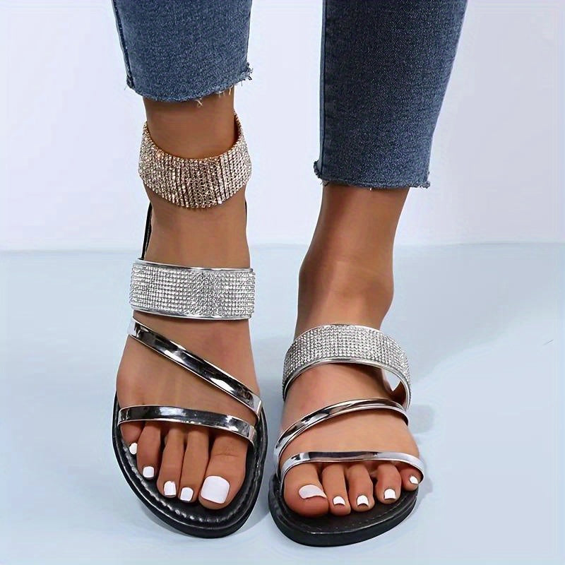 Glittering Rhinestone Sandals for Ladies - Comfortable Open-Toe Flats Suitable for Both Indoor And Outdoor Use.