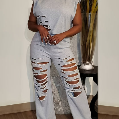 Distressed Burnt-Out Set - Women's Sleeveless Sweatshirt and Pants