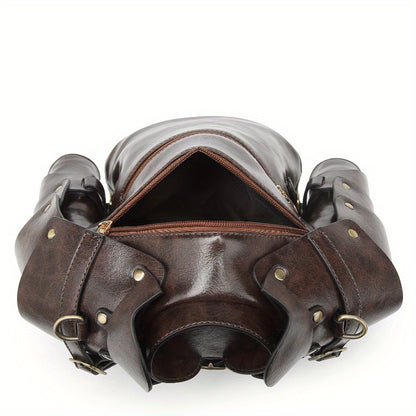 Punk Vintage Style Crossbody Bag Gothic Rivet Crossbody Bag - Double Zipper Pockets, with Adjustable Shoulder Strap, Dark Industrial Medieval Style, Armor Shaped Street Single Shoulder Bag for Men and Women