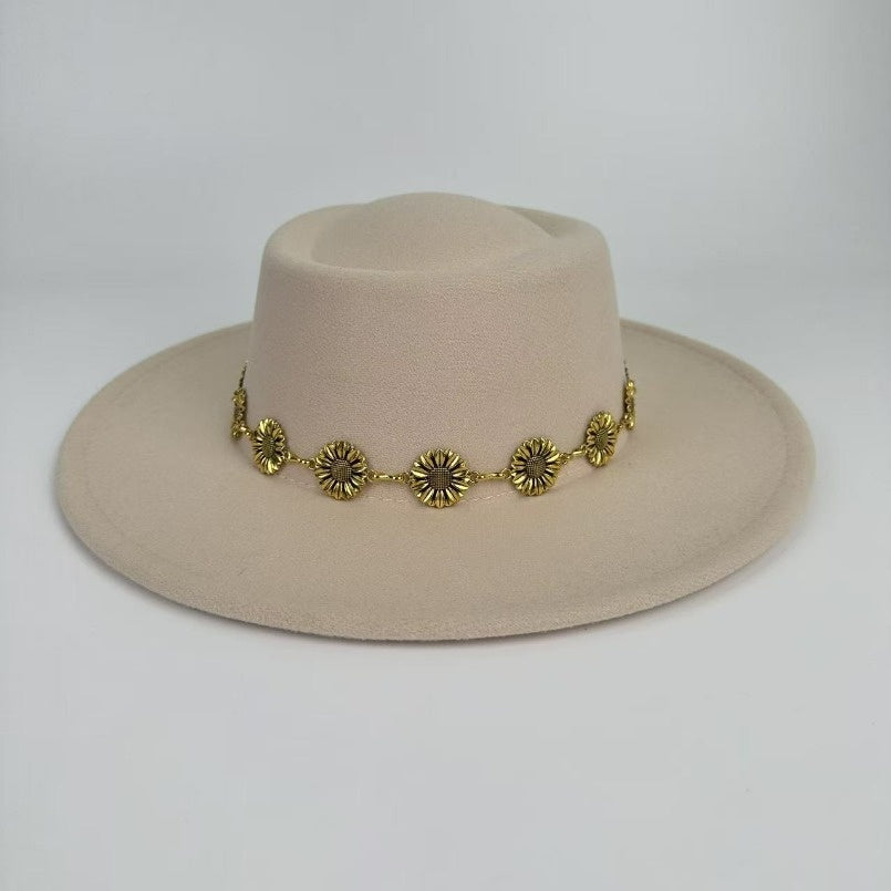 1pc Bohemian-style Unique and Fashionable Felt Hat - Decorated with Exquisite Golden Flower Chain Fedora Hat - Suitable for Daily Street Style, Music Festival Outfits, Bohemian-inspired Looks, Casual Outings and Trendy Season