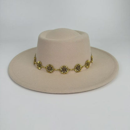 1pc Bohemian-style Unique and Fashionable Felt Hat - Decorated with Exquisite Golden Flower Chain Fedora Hat - Suitable for Daily Street Style, Music Festival Outfits, Bohemian-inspired Looks, Casual Outings and Trendy Season