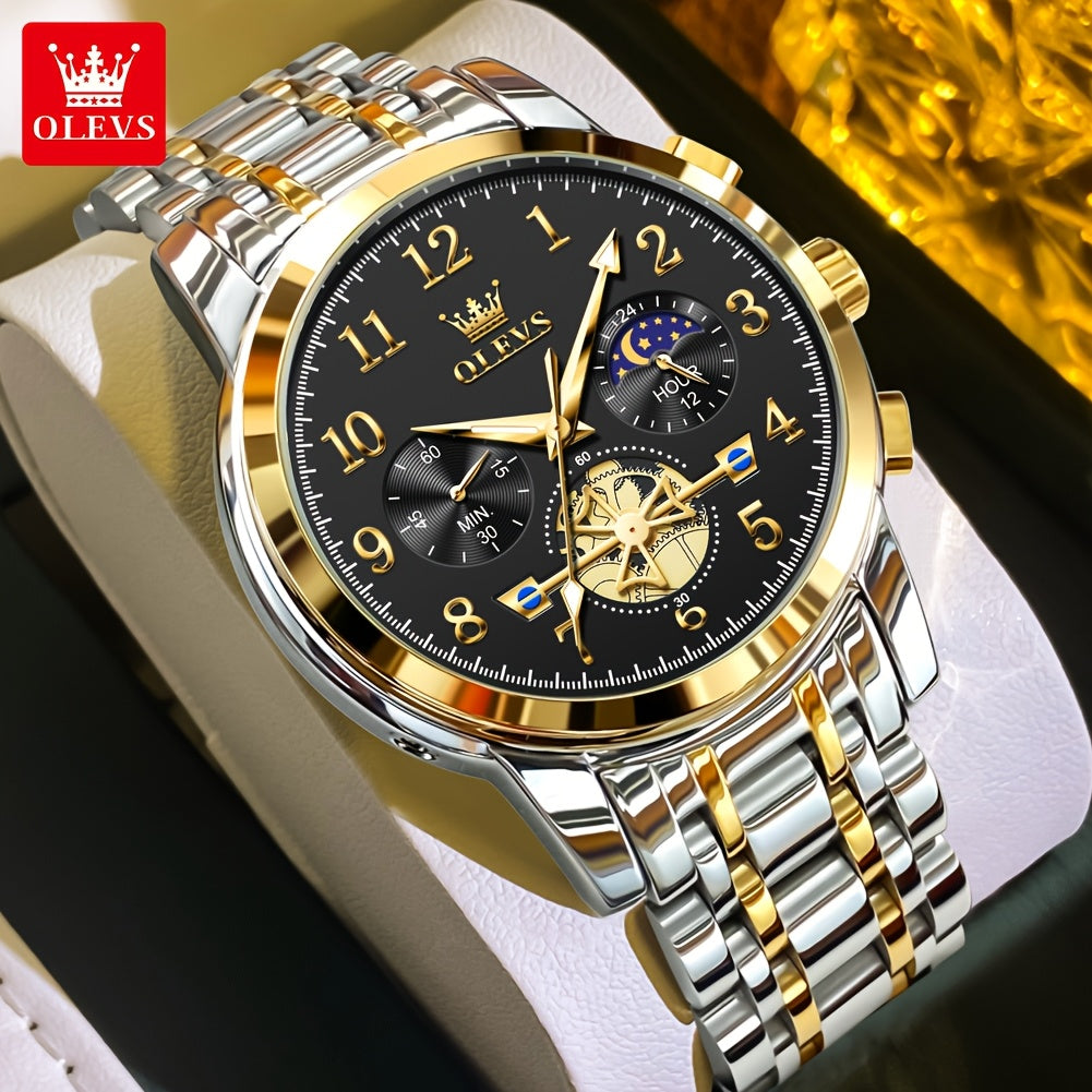OLEVS Men's Luxury Multifunctional Quartz Watch - Stainless Steel Luminous Analog Watch with Moon Phase, Chronograph, Date/Day/24H Indicator, Golden-Tone & Bracelet for Business, Casual, Casual Attire - Dress Watch