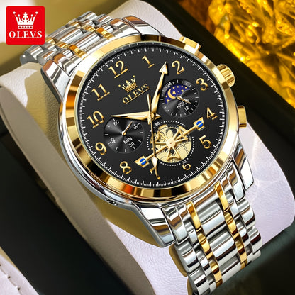 OLEVS Men's Luxury Multifunctional Quartz Watch - Stainless Steel Luminous Analog Watch with Moon Phase, Chronograph, Date/Day/24H Indicator, Golden-Tone & Bracelet for Business, Casual, Casual Attire - Dress Watch