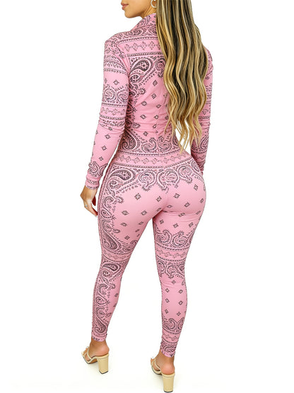 Women's Long Sleeve Slim-Fit Zip-Front Jumpsuit with Pink Paisley Print - Cute & Stylish for Dates, Shopping Trips | Sizes 2XS-2XL