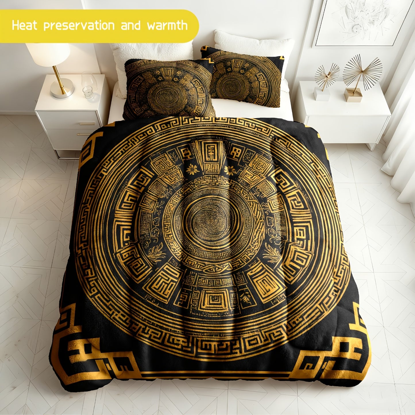 3pcs (1 comforter + 2 pillowcases) Golden Pattern Flannel & Milk Velvet Comforter Set, Soft Warm Bedding Set for Adults, Cozy Milk Velvet Quilt Set, Trendy Bedding Essentials, Bedroom Essentials, Modern Quilt Set, Stylish Bed