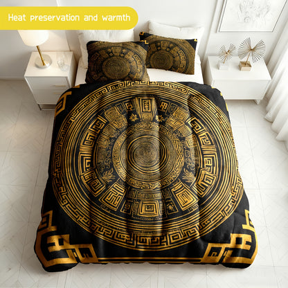 3pcs (1 comforter + 2 pillowcases) Golden Pattern Flannel & Milk Velvet Comforter Set, Soft Warm Bedding Set for Adults, Cozy Milk Velvet Quilt Set, Trendy Bedding Essentials, Bedroom Essentials, Modern Quilt Set, Stylish Bed