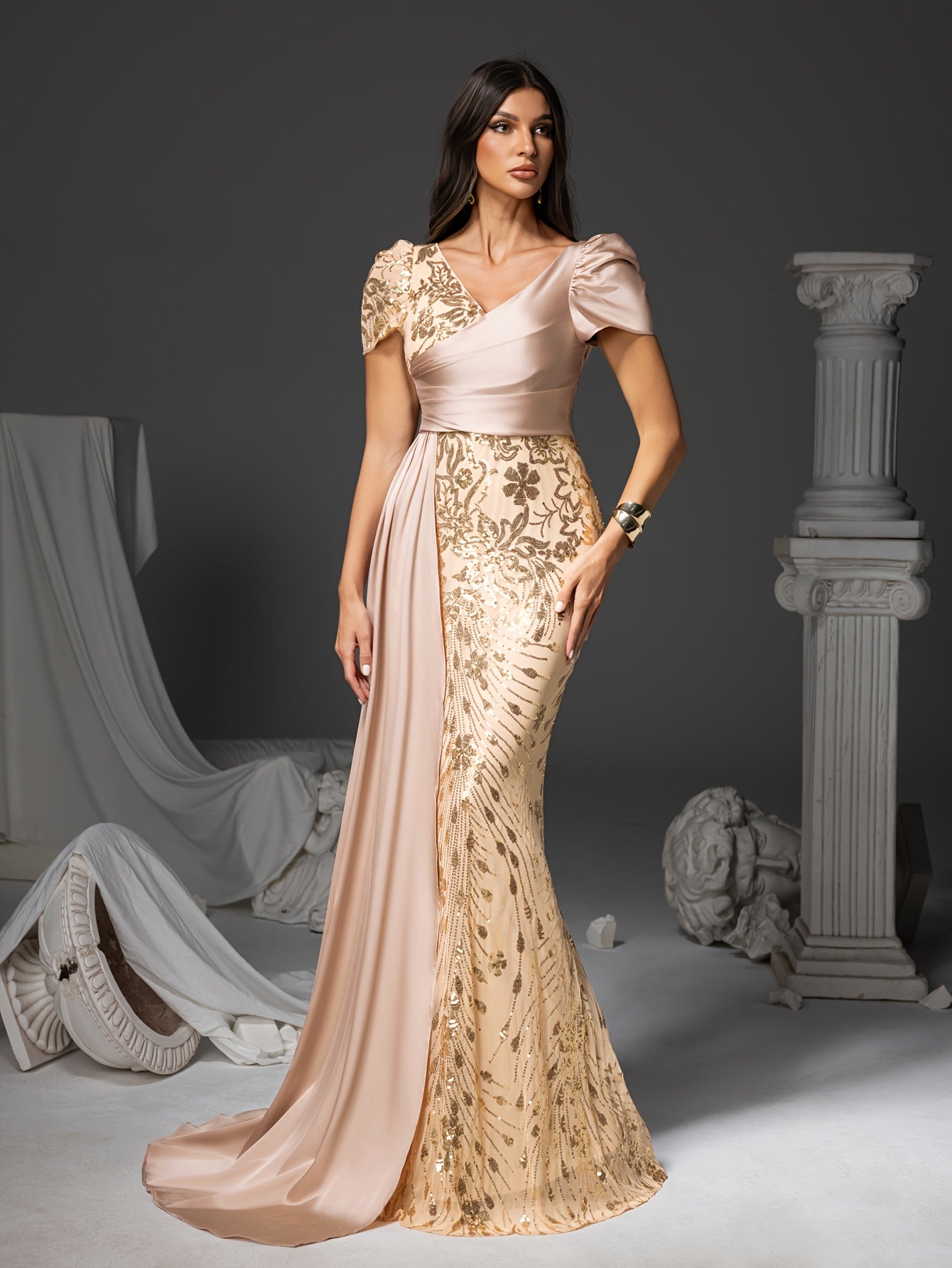 [V-Neck Puff Sleeves] Elegant Champagne Floral Print Mermaid Dress with Sequin Detailing, V-Neck & Puff Sleeves - Long Formal Gown for Weddings, Parties, and Special Occasions, Wedding Guest Dress | Vneck Dress | Sequin Embel